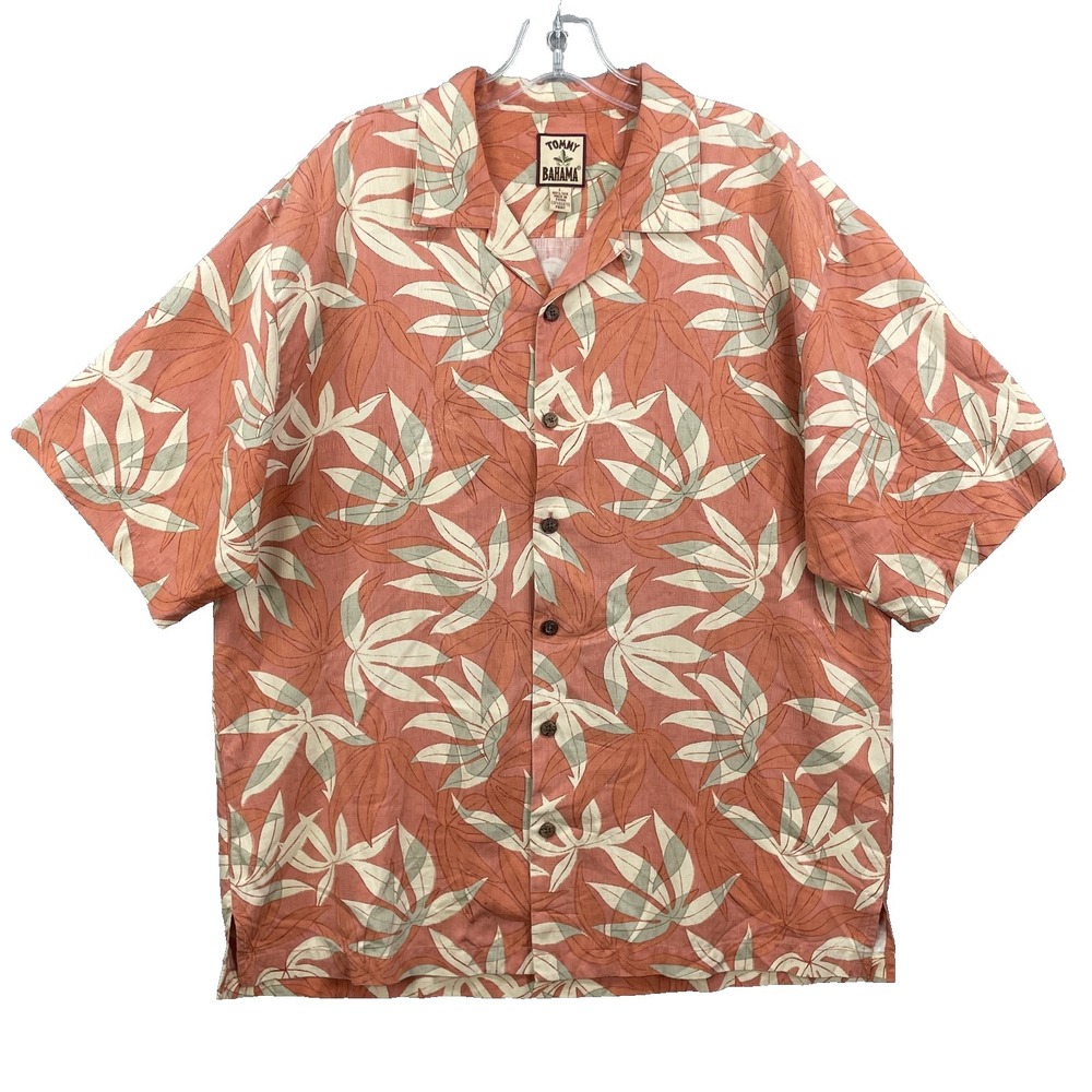 Vintage Tommy Bahama 100% Silk Hawaiian Shirt Men Large Palm Relaxed 90s Coastal